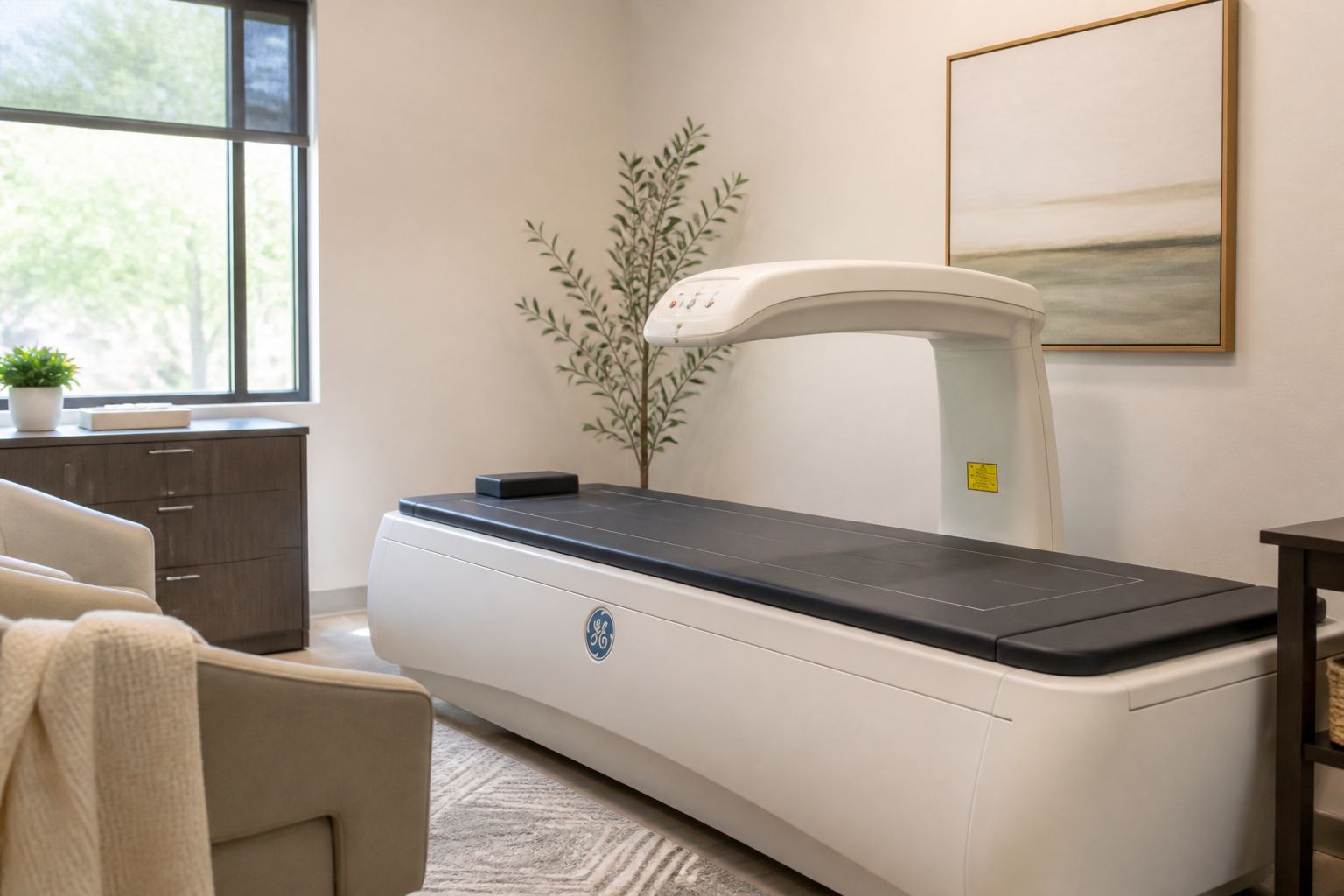 The DEXA table in the clinic room at Body Guitar Clinic, used for body-composition scans.