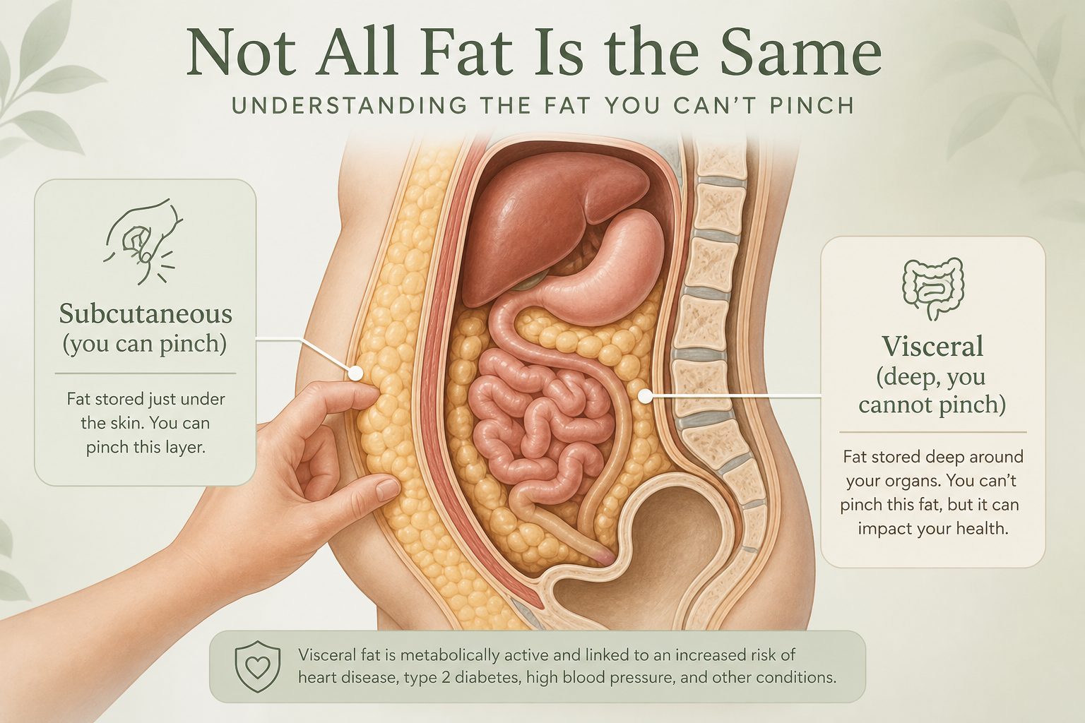 Cross-section of the belly showing pinchable fat under the skin and visceral fat deeper around the organs.